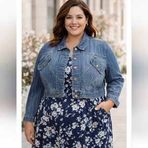 What’s Hot Cropped Denim Jacket 1X Blue Pinstripe Stretch Jean Jacket Y2K